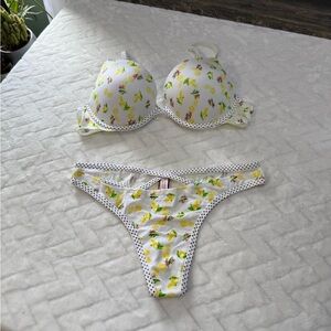 Nwt $49 Victorias Secret T Shirt Push Up Bra Dot Lemon Floral White Thong 36B M